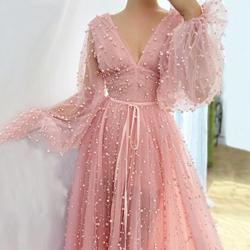Nové Módne 2020 Dlhé Rukávy Pink Pearl Prom Šaty na Zákazku V krku Formálne Dlho Party Party Šaty