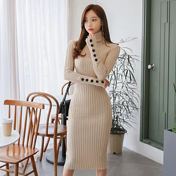 Dámske šaty 2020 jeseň nový kórejský verzia high-krku slim strednej dĺžky pletené módne taška hip šaty, sveter base sukne