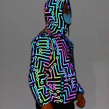 Nočný klub tanečník okruhu geometrický vzor dúhové farby reflexná bunda muži ženy hip-hop mechanické tanec kabát s Kapucňou
