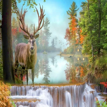 Vodopád Lesa Elk Vlastné 3D Fotografie Tapety Obývacia Izba Gauč Spálne, TV joj, Wall Art nástenná maľba Krajiny Abstraktných De Parede