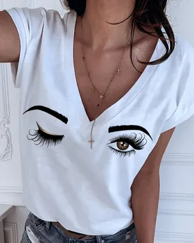 Oko Vytlačený T Shirt Ženy Sexy tvaru Letné Top Tee 2020 Krátky Rukáv Bežné Biela Tunika T-shirt Femme Oblečenie