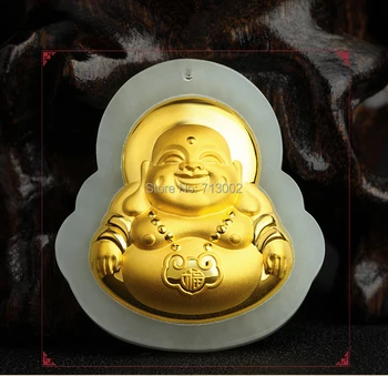 Príroda Jade MLIEKO SLONOVINY jadite Amulet smiať Buddha 24K Gold Prívesok Talizman Náhrdelník S certifikátom