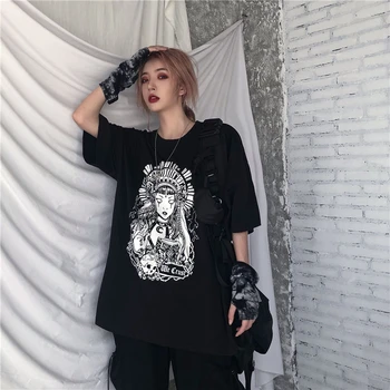Letné Goth sexy žena tee estetické voľné ženy t-shirt punk tmavé Grunge streetwear dámy top gotický tshirts Harajuku oblečenie