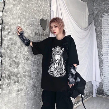 Letné Goth sexy žena tee estetické voľné ženy t-shirt punk tmavé Grunge streetwear dámy top gotický tshirts Harajuku oblečenie