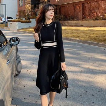 COIGARSAM Módne Pletenie Ženy obliekajú Nové Šaty Black 6185