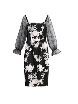 2019 Vintage Elegantné Klasické Čierne Biele Veľké Kvetinové Transparentné Oka Lístkového Rukáv Podkolienok Šaty Žien Slim