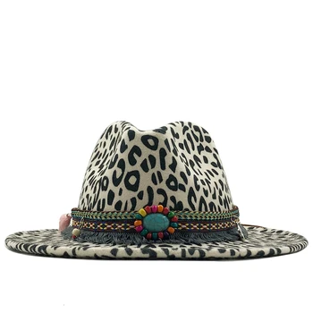 Trend Unisex Plochý Okraj vlnená Plsť Jazz Fedora Klobúky Muži Ženy Leopard Zrna strapec Kapela Dekor plstený klobúk Panama Formálne Klobúky 58-60 cm
