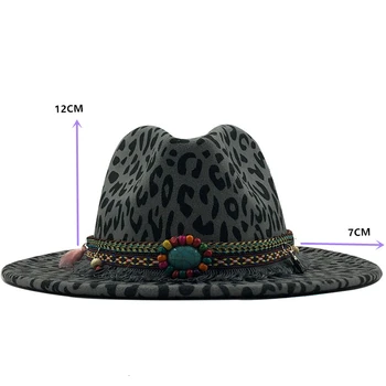 Trend Unisex Plochý Okraj vlnená Plsť Jazz Fedora Klobúky Muži Ženy Leopard Zrna strapec Kapela Dekor plstený klobúk Panama Formálne Klobúky 58-60 cm