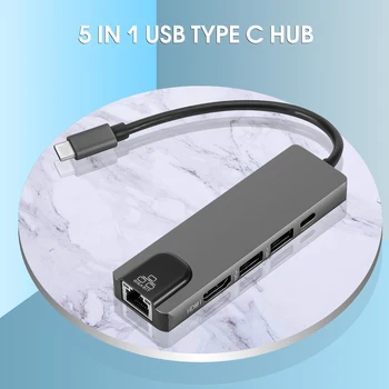 Multi 5 v 1 USB Typu C Rozbočovač Hdmi 4K USB C Hub Gigabit Ethernet Rj45 Lan Adaptér pre Macbook Pro Thunderbolt 3 USB-C Nabíjačky