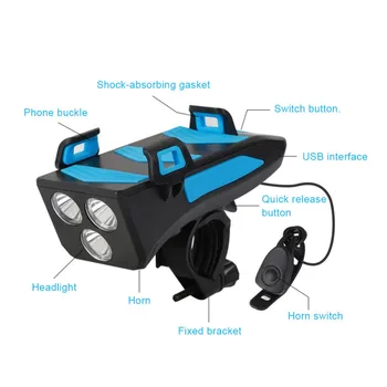 4-V-1 Bicyklov Svetla USB Nabíjateľné LED Požičovňa Svetlometu Horn Držiaka Telefónu Power Bank Cyklistické Riadidlá Bike Svetlo