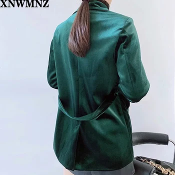 XNWMNZ Za Pás Pás Bunda Ženy Móda zelenej Zamatovej Bundy Ženy Vintage Elegantné Vrecká dizajn, Pevné Obleky, Ženy Dámy