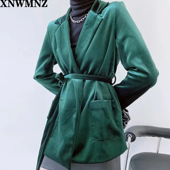 XNWMNZ Za Pás Pás Bunda Ženy Móda zelenej Zamatovej Bundy Ženy Vintage Elegantné Vrecká dizajn, Pevné Obleky, Ženy Dámy
