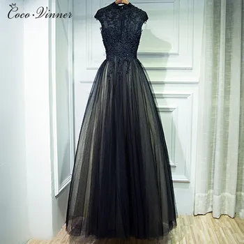 Nové Večerné šaty black krátkym rukávom tenký dlhý štýl, výšivky kvality ušľachtilý sexy čipka večerných šiat ženy E0004