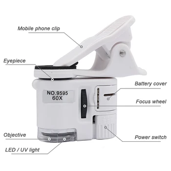 Univerzálny Klip Mikroskopom 60X LED Šperky lupu so Zameraním Upravené Vrecko s Mikroskopom Mobilný Telefón Klip UV Svetlo