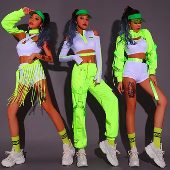 Nový Pól Tanečné Oblečenie Žien, Žiarivkové svetlo Zelená Hip Hop Tanečné Kostýmy Vyhovovali Sexy nočný klub Žien Dj Stage Kostýmy DQS6035