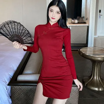 Čínsky Štýl Retro Červená Cheongsam Šaty Ženy Móda Dlhý Rukáv Slim Šaty Žena Sexy Šaty