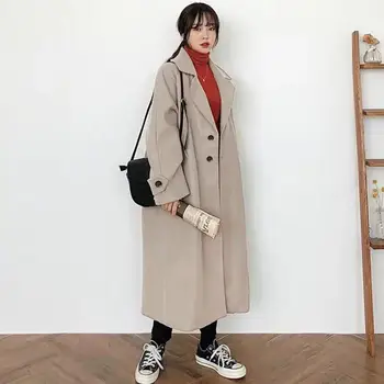 Zimné dlhé žien kabát módne kórejský štýl retro všestranný windbreaker bežné teplé vlnené kabát nadrozmerná bežné college kabát