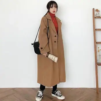 Zimné dlhé žien kabát módne kórejský štýl retro všestranný windbreaker bežné teplé vlnené kabát nadrozmerná bežné college kabát
