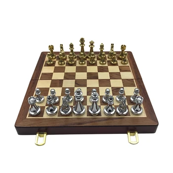 Easytoday Kovové Lesklé Zlaté A Strieborné Šachové Figúrky Pevné Drevené Skladacie Šachovnicu Vysoký Stupeň Profesionálnej Šachovej Hry Nastaviť