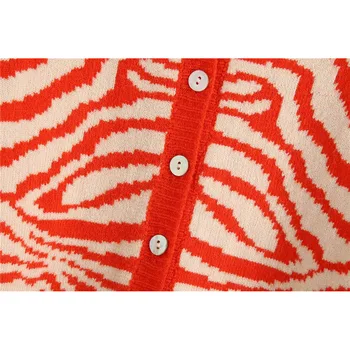 2020 Ženy Móda Červená Zebra Vzor Voľné Pletený Sveter Vintage Dlhý Rukáv Singel Svojim Sveter Kabát Žena Elegantné Topy