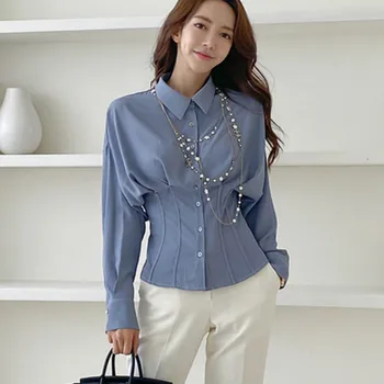 Kórejské ženy batwing rukáv košele kórejský módne oblečenie žena korzet, top blúzky, lady blusas de mujer tlačidlo hore tričko
