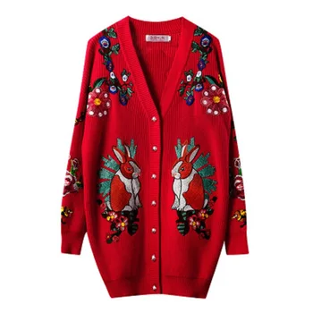 Značka Dizajnér Vianočný Sveter Ženy 2020 Jar V Krku Embroiderey Králik Tiger Kvety Luxusné Pletený Sveter Dlhý Červený kabát