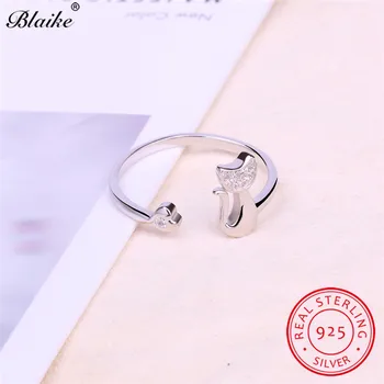 Blaike Reálne 925 Sterling Silver Otvorenie Zvierat Mačka Prstene Pre Ženy White Crystal Snubný Prsteň Nastaviteľné Žena Kórejský Šperky