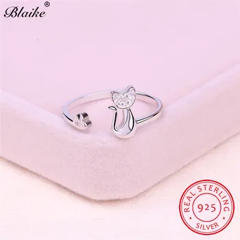 Blaike Reálne 925 Sterling Silver Otvorenie Zvierat Mačka Prstene Pre Ženy White Crystal Snubný Prsteň Nastaviteľné Žena Kórejský Šperky