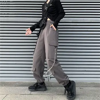 QWEEK Gotický Objemný Náklad, Nohavice Ženy Punk Harajuku Čierna Vysoký Pás Neforemné Nohavice Hippie Streetwear Reťazca Joggers Voľné Nohavice