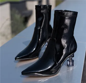 Mstacchi Osobné Dizajn Profilované Päty Ženy Lakovanej Kože Krátke Topánky, Sexy Poukázal Na Boku Zips Dámy Topánky Botas Mulheres