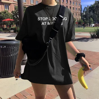 Čierna Bavlna Žena T-shirt Zastaviť pri Pohľade Na Moje Kozy Tlač Dámske Tričko Streetwear Hippie Dámske Nosenie Nadrozmerné T Tričko