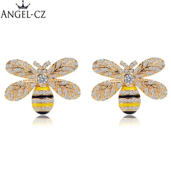 ANGELCZ 2020 Jar Dizajn Šperky Cubic Zirconia Žlté Zlato Farba Roztomilý Bee Stud Náušnice Strieborné Pozlátené Ucho Kolíky AE139