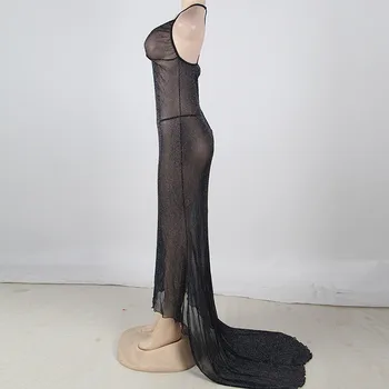 Sexy Pohľadu Ženy Nightgowns Čierny Blesk Oka S Uväzovaním Za Krk Maxi Sleepwear Lady Dlhý Odev Pohľadu Nočné Šaty