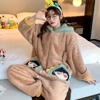 Zimné Pyžamo Ženy Sleepwear Cartoon Kapucňou Coral Velvet Nightgown Plyšové Módnych Domov Nosiť Plus Veľkosť Flanelové Nighty Pridať Fleece