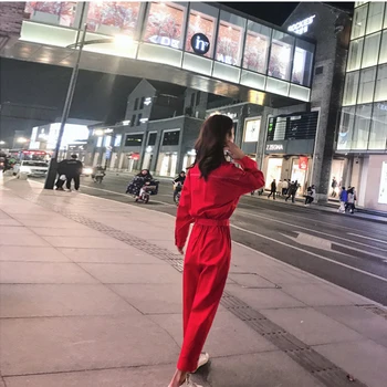 Kórejský farbou voľné rovno jumpsuit ženy Bežné vysoký pás kombinézu s vreckami Streetwear hip hop širokú nohu trakmi