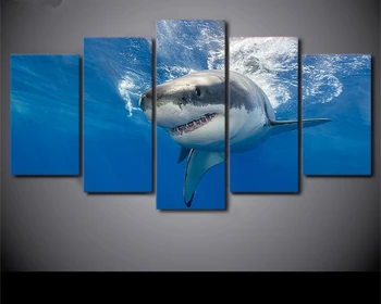 Plátno HD Vytlačí Plagáty Domova Wall Art 5 Kusov Abstraktné Shark Obrazy Modrý Oceán Veľké Obrázky