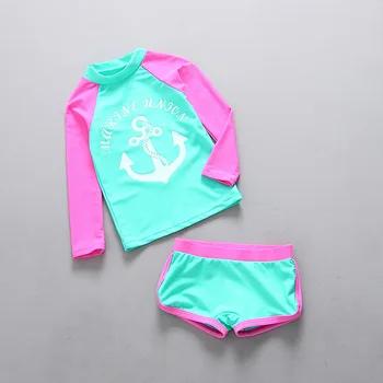 Plavky pre Dievčatá Dlhý Rukáv Vyrážka Stráže Dievčenské Plavky Deti List Tlače UV Block detské plavky Kúpacie Obleky
