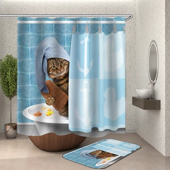 Fat cat čistenie zubov 3D Polyester Textílie Kúpeľni Vaňa Záclony Nepremokavé Cortinas Háčik Originálne vtipné vaňa sprchový záves