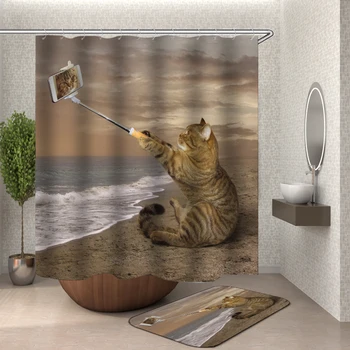 Fat cat čistenie zubov 3D Polyester Textílie Kúpeľni Vaňa Záclony Nepremokavé Cortinas Háčik Originálne vtipné vaňa sprchový záves