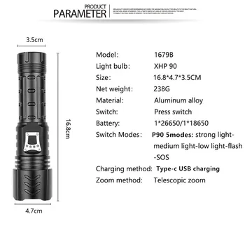Nové XHP90 LED Baterka USB Nabíjateľná Baterka Vodotesný, Baterka Lov Pochodeň Taktická Baterka Použiť 18650 Batérie