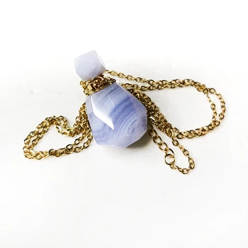 Prírodné Modré Čipky Achát Parfum Fľašu Prívesok Quartz Drahokam Tvárou Esenciálny Olej Ampulka Zlata Reťazca Liečivé Šperky Crystal