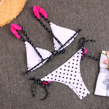 Bodka Rozstrapatené Lem Bikini Set Ženy Retro Sexy Plavky S Uväzovaním Za Bikiny 2020 Mujer Čalúnená Micro Beach Plavky Plavky Biquinis