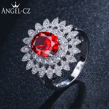 ANGELCZ Elegantný Vianočný Darček Bezchybný Oválne Červenými Zirkónmi Veľké Kvetinové Lady Krúžok Pre Ženy Šterlingov Striebristé Šperky AR015