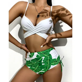Ženy Sexy Zelené Pierko Dlhým Rukávom opaľovací Krém, Plavky, 3 Ks Vysoký pás Kombinézu plavky Plávať Oblek Nosenie Plaviek