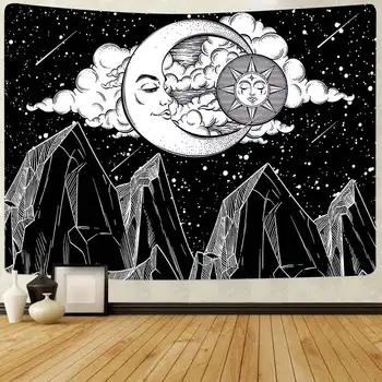 Simsant Čiernej a Bielej Hory Gobelín Moon Star Nočnej Oblohe Umenie Stene Visí Tapisérie pre Obývacia Izba Domova