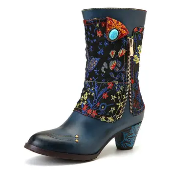 SOCOFY Retro Topánky Kvet Pobočky Vzor Šitie Originálne Kožené Topánky Dámske Topánky Ženy Botines Mujer 2020