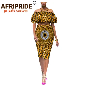 Africké príležitostné letné 2-kusy oblek pre ženy AFRIPRIDE krátke lístkového rukáv top+podkolienok ceruzku sukne ženy bavlna vyhovovali A722653
