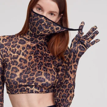 Shestyle 2021 Ženy T-Shirts Maska s Rukavicami Leopard Sexy Chic Turtleneck Polka Dot Vytlačené Módne Plodín Topy Trendy Jar