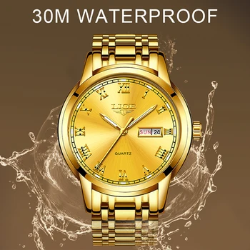 Hodinky Pánske 2020 Módne Quartz Zlato Hodiny LIGE Značky Top Luxus Všetky Oceľové Mužov Náramkové hodinky Vodotesné Dátum Týždeň Dial Sledovať+Box