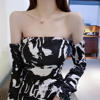 Kórejský Atrament Tlač Vintage Čierne dámske Šaty Vysoký Pás Lomka Krku Prsia Zábal Luky Sexy Mini Šaty Žien Party Šaty 2020